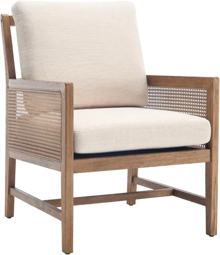 chairus Silla decorativa moderna Mid-Century de madera maciza tapizada con reposabrazos de caña y respaldo de listones, cómoda silla de lectura de
