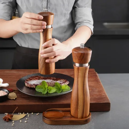 Miniatura 2 de Molinillo de pimienta de madera de acacia de 8 pulgadas con anillo de acero, juego de molinillo de sal y pimienta con cuchara y base, regalo