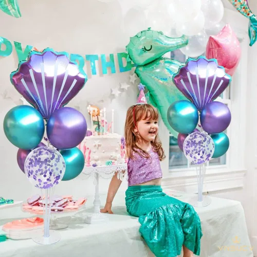 Miniatura 4 de Kit de soporte de globos de mesa de sirena, 2 juegos con 2 globos de aluminio de conchas marinas, 14 globos de látex azul púrpura para cumpleaños