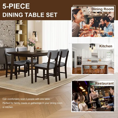 Miniatura 2 de Mesa de comedor de madera de 5 piezas y 4 sillas tapizadas, mesa rectangular con sillas, asiento y respaldo acolchados de lino para comedor, cocina