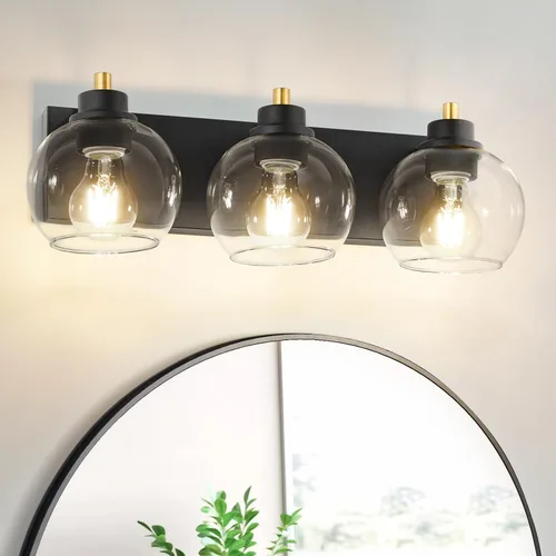 Tuscarora Lámpara de tocador de baño de 3 luces, lámparas de baño negras y doradas, lámpara de tocador moderna con pantalla de vidrio transparente,