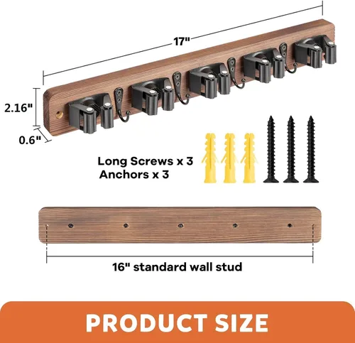Miniatura 5 de IMILLET - Soporte de pared para escobas, colgador de escobas de madera rústica con 5 estantes y 4 ganchos, organización y almacenamiento