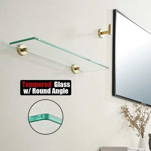 Miniatura 6 de JQK Estante de baño de vidrio dorado, vidrio templado para ducha de 20 por 5 pulgadas, 304 acero inoxidable dorado cepillado para montaje en pared