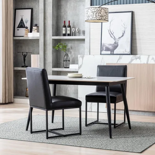 Juego de 2 sillas de comedor modernas de tela, tapizadas de piel sintética, sillas de cocina sin brazos de mediados de siglo con patas negras para