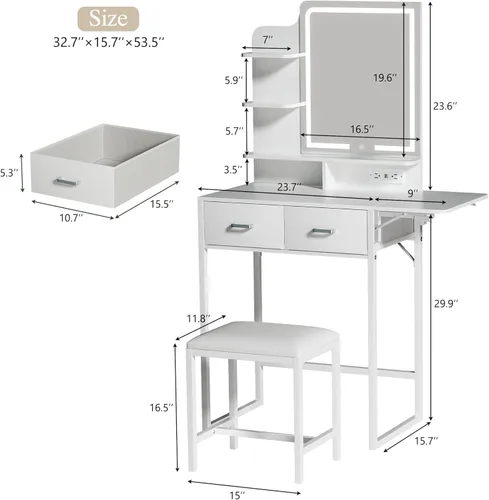 Miniatura 8 de HUAHUU Pequeño escritorio de tocador con espejo y luces, tocador de maquillaje con cajón de almacenamiento de tela, silla y tres estantes, tocador