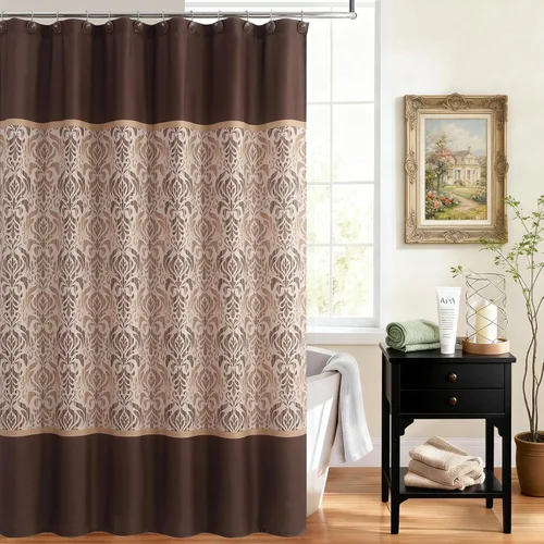 Cortinas de ducha estilo granja marrón tostado para baño, cortina de ducha de tela con estampado de cachemira de chocolate vintage, cortinas de baño