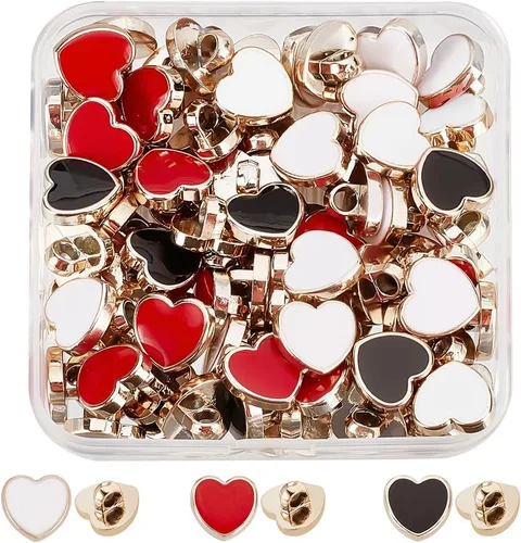 GORGECRAFT 3 colores 60pcs botones de vástago de metal hebilla en forma de corazón 0.472 in botón plástico accesorios con esmalte para zapatos