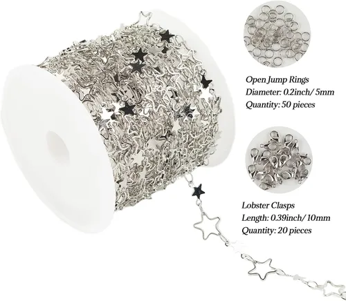 Miniatura 2 de YOUBEIYEE Cadena de 16.4 pies / 16.4 ft para hacer joyas, cadena de eslabones huecos de latón chapado en plata con forma de estrella hueca, collar