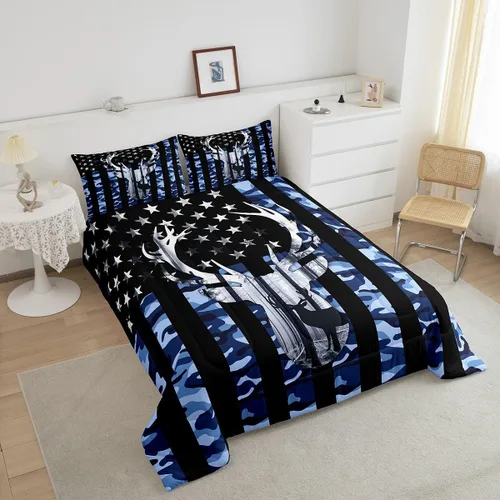 Miniatura 4 de Juego de edredón Queen con bandera estadounidense, edredón de plumón de camuflaje azul con astas y hojas grises para hombres adultos, juego de ropa
