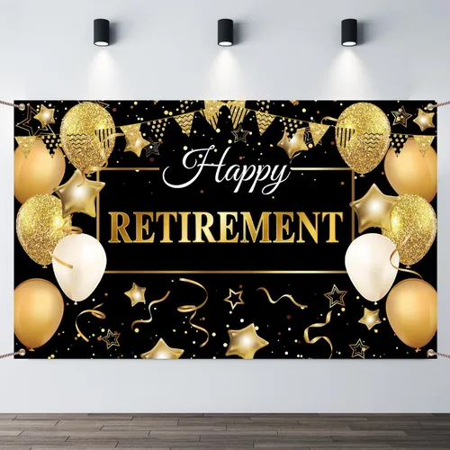 GEMLORD Decoraciones de fiesta de jubilación con texto en inglés «Happy Retirement» de tela grande, telón de fondo negro y dorado con cuerda