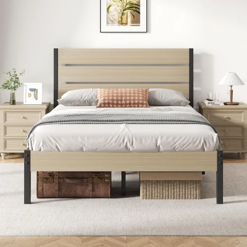 Fluest Base de cama con cabecera y estribo, con almacenamiento debajo de la cama, sistema de soporte totalmente metálico, no necesita somier, fácil