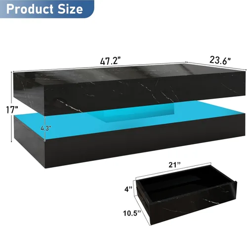 Miniatura 2 de HOMFAMILIA - Mesa de café LED con 2 cajones de almacenamiento, mesa de café moderna de alto brillo en negro con luces LED de 20 colores, mesa