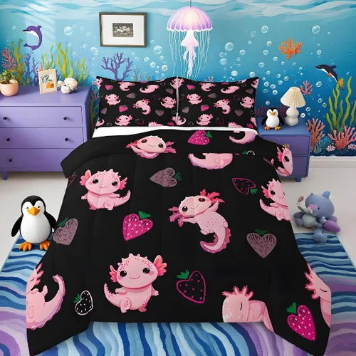 Miniatura 20 de Feelyou Lindo juego de ropa de cama de ajolote para niños y niñas tamaño twin, juego de edredón de salamandra para niños, mujeres y hombres, edredón