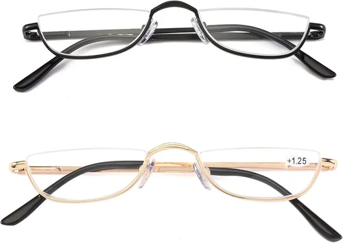 Miniatura 2 de Gafas de Lectura Media Montura - 2 Pares de Gafas con Marco de Metal de Media Montura con Bisagra de Resorte para Hombre y Mujer, Negro+Oro 1.75