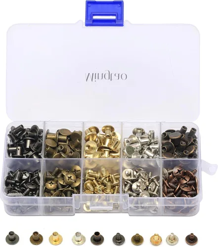 Mingtao Juego de 200 tornillos Chicago para manualidades de cuero, botones redondos de cabeza plana de 5/16 pulgadas, accesorios de metal de colores