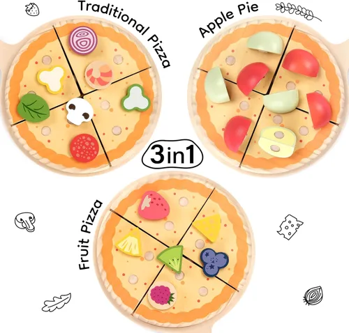 Miniatura 8 de PairPear Juego de comida de madera para cortar pizza, 28 piezas de juguete de pizza, juego de cocina Montessori, accesorios de cocina, regalo