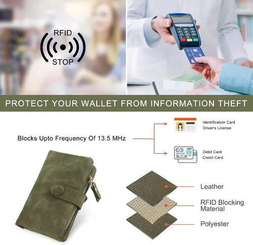 Miniatura 5 de Billeteras con bloqueo RFID para mujer, de gran capacidad, de cuero suave, cartera pequeña con correa para la muñeca, Verde oliva, Casual