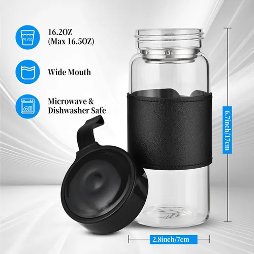 Miniatura 3 de Pequeña botella coctelera de vidrio, 16 onzas, sin BPA, sin olor, con bola mezcladora 304SS y cepillo de limpieza extraíble para fitness y batidos
