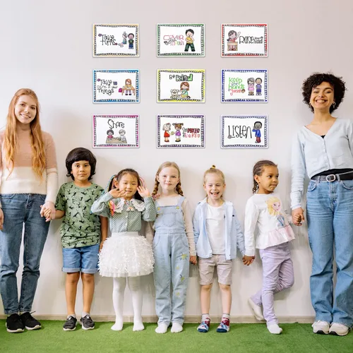 Miniatura 5 de Alpurple 9 pósteres A4 de reglas de aula, pósteres de reglas de clase preescolar, pósteres educativos de comportamiento de reglas del aula, tabla