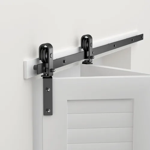 Kit de herrajes para puerta de granero plegable y corrediza de 30", se desliza suave y silenciosamente, rodillo negro montado lateralmente, fácil de