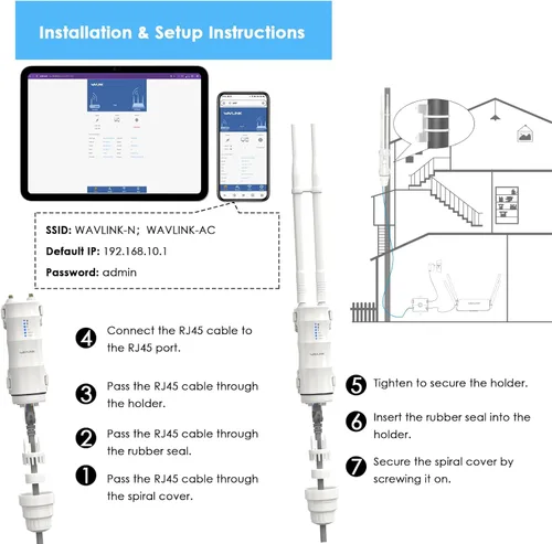 Miniatura 5 de Punto de acceso para exteriores, enrutador/extensor WiFi de largo alcance WAVLINK AC600, IP67 resistente a la intemperie, doble banda 5G+2.4G, PoE