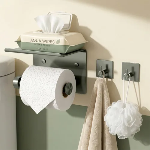 Miniatura 10 de Tindbea Soporte de papel higiénico con estante para teléfono + Ganchos para albornoz adhesivo o con tornillos, montaje en pared para almacenamiento