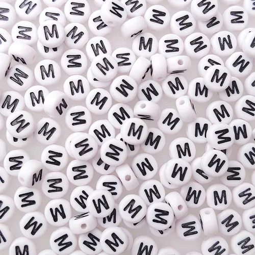 Más de 200 cuentas de letras M individuales de 0.16 x 0.27 pulgadas para la fabricación de joyas, alfabeto acrílico redondo blanco a granel (negro