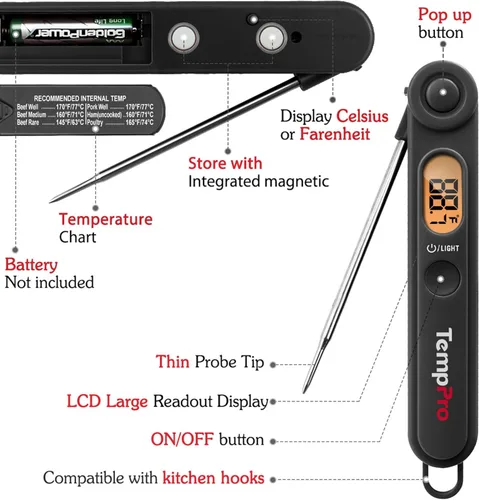 Miniatura 4 de ThermoPro Termómetro digital para carne con indicador de temperatura, termómetro de alimentos de lectura instantánea con sonda y luz de fondo
