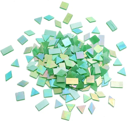 200 piezas a granel de azulejos de vidrio de mosaico iridiscente, 4 formas mezcladas de piezas de azulejos de vidrio coloreado para manualidades de