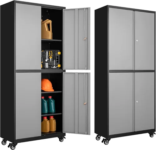 Miniatura 18 de Gabinete de almacenamiento de metal para garaje, armario de almacenamiento con cerradura de 71 pulgadas con 2 estantes ajustables y 1 cajón