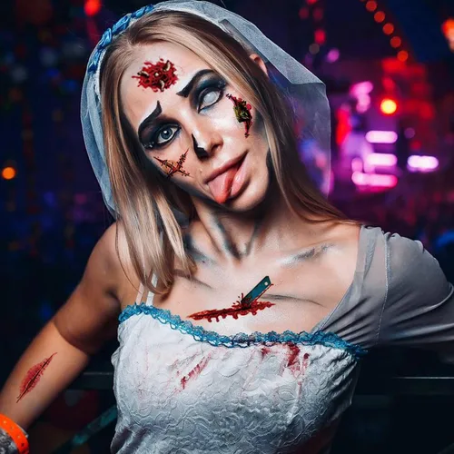 Miniatura 8 de 9 piezas de tatuajes temporales de broma de Halloween, cicatrices sangrientas de zombi 3D, costras falsas de puntada de herida, tatuajes de cara