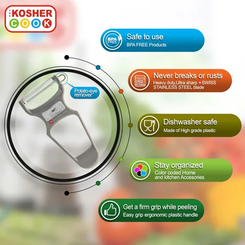 Miniatura 2 de The Kosher Cook Y Pelador de verduras, hoja de acero inoxidable ultra afilada, pelador suizo, mango de plástico de fácil agarre, herramientas