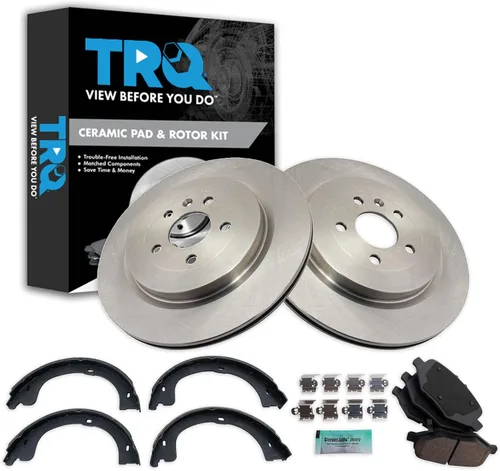 Miniatura 106 de TRQ Kit de pastillas de freno y rotor Posi trasero premium con zapatas de estacionamiento para camión GM SUV