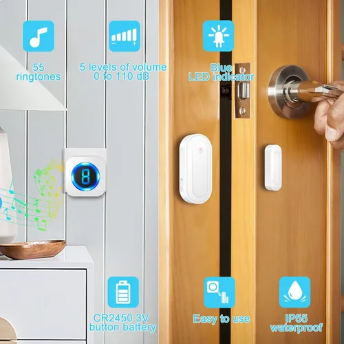 Miniatura 8 de SURFOU Timbre inalámbrico con sensor de puerta, alerta de apertura de puerta impermeable con rango de 1000 pies, 55 tonos de llamada, alarma de 110