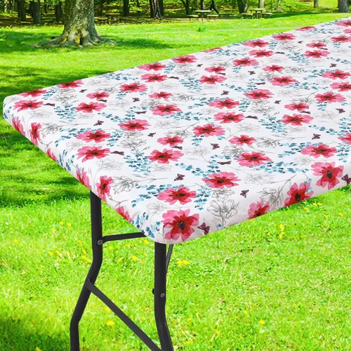 Miniatura 39 de Smiry Mantel cuadrado para mesa de pícnic, impermeable, elástico, ajustable, para campamento, protector de vinilo con parte trasera de franela Beige