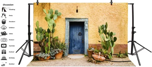 Miniatura 3 de Leyiyi Fondo de fotografía de 5 x 3 pies, diseño de cactus de México, edificio occidental, planta del desierto, Saguaro, grunge, piedra, pared