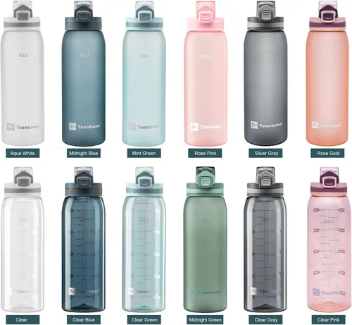 Miniatura 7 de Botella de agua deportiva de 30 onzas con marcadores de tiempo, botella grande y duradera de plástico para gimnasio, Tritan sin BPA, transparente