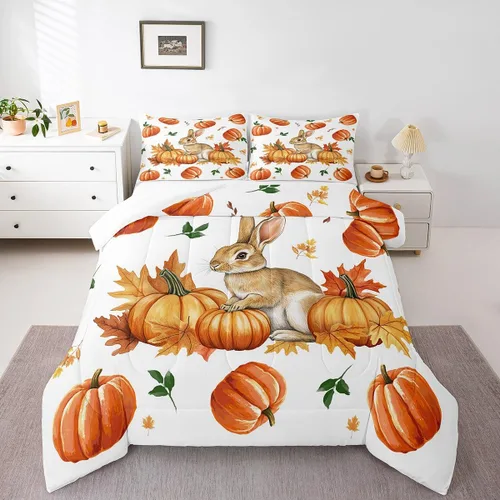 Miniatura 38 de Juego de edredón de calabaza para niños, con estampado de calabaza, estilo Halloween, juego de ropa de cama para niños, juego de ropa de cama