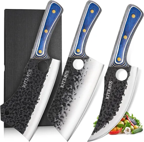 KITNATS Juego de cuchillos de carnicero de 3 piezas, juego de cuchillos de cocina forjados a mano, picador de huesos, cuchillo de carne y cuchillo