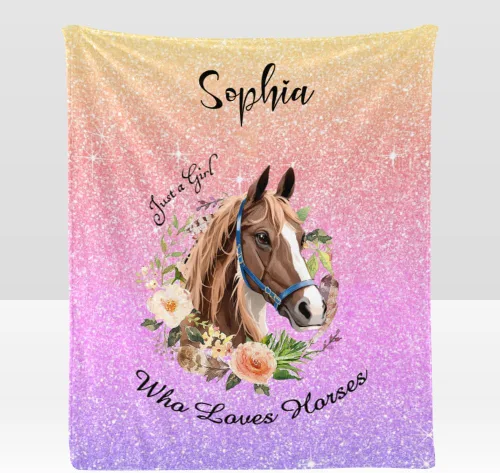 Manta personalizada con texto en inglés «Just a Girl Loves Hors», manta de forro polar suave con nombre para regalos, sofá cama (50 x 60 pulgadas)