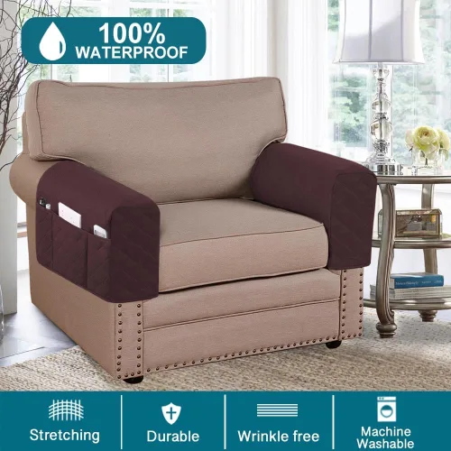 Miniatura 4 de Fundas impermeables para reposabrazos para sillones y sofás, fundas para brazos de sofá para sofá, paquete de 2 con bolsillo lateral, funda Marrón