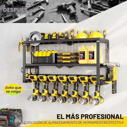 Miniatura 5 de Organizador de Herramientas Eléctricas para Montaje en Pared - Carga de 300 Libras, Estante de Almacenamiento de 3 Niveles con 7 Portataladros