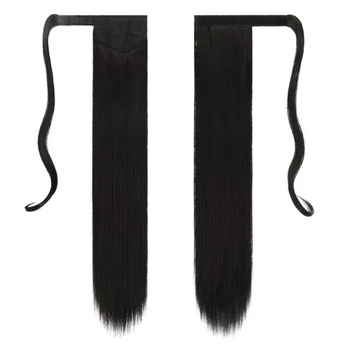 Miniatura 2 de FESHFEN Extensiones de cola de caballo largas y rectas, extensiones de cola de caballo sintéticas para mujer, color negro natural, 24 pulgadas