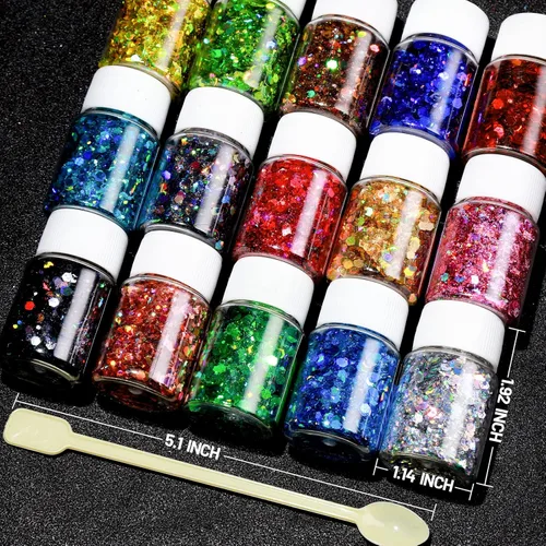 Miniatura 4 de LEOBRO Purpurina holográfica gruesa – 15 colores para manualidades de resina, uñas, cuerpo y joyería – con 10 cucharas mezcladoras