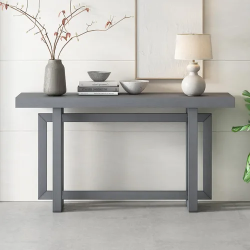 Miniatura 8 de Mesa consola contemporánea con parte superior de madera de hormigón de inspiración industrial, mesa de entrada extra larga con patas de madera