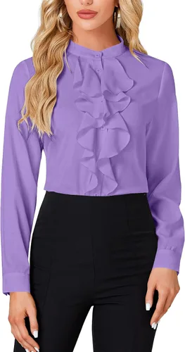 Miniatura 18 de LYANER - Blusa de cuello alto con botones, volantes en el frente, manga larga, camisa de trabajo para mujer