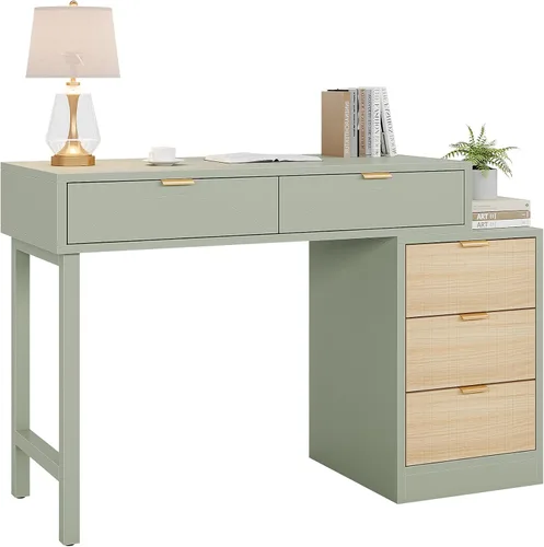Miniatura 8 de Tribesigns Escritorio para computadora con 5 cajones, escritorio pequeño reversible con almacenamiento, mesa de estudio de madera moderna, estación