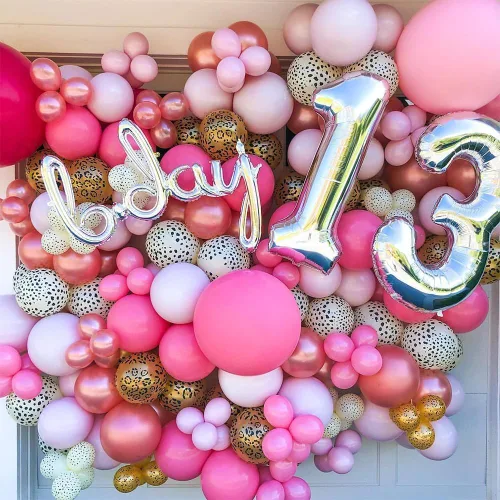 Miniatura 3 de Decoraciones de cumpleaños con estampado de guepardo rosa, 133 piezas de globos dorados con estampado de leopardo rosa intenso, kit de arco