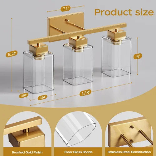 Miniatura 3 de PARTPHONER Lámparas de baño de 3 luces, luces de tocador modernas de oro cepillado, accesorios de iluminación de baño sobre el espejo, apliques