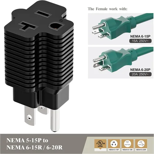 Miniatura 6 de Paquete de 3 adaptadores de enchufe Nema de 15 amperios a 20 amperios, listado ETL, NEMA 5-15P a 5-15/20R (peine de 20 amperios T Blade) 15 Amp
